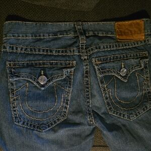 True Religion Blue Denim Wide-Leg Jeans with Embroidered Pockets